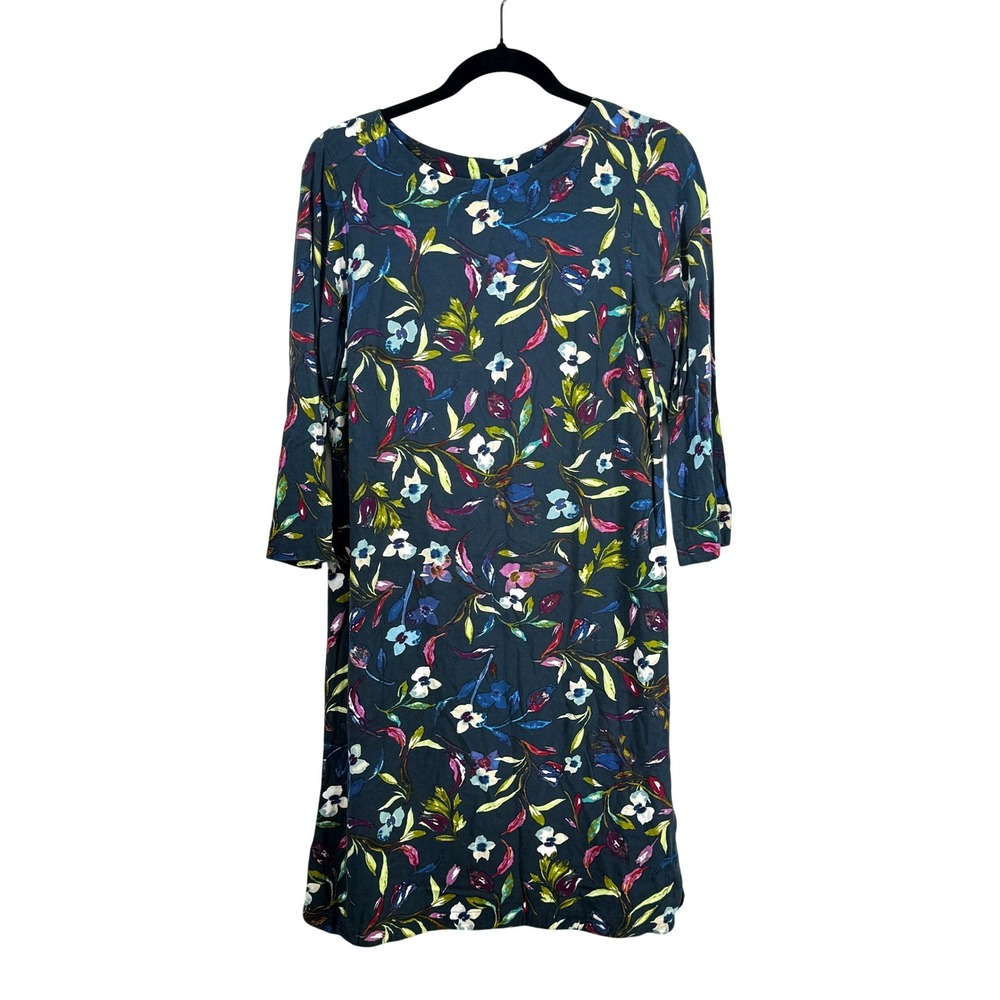 J.Jill Floral Print Long Sleeve‎ Shift Dress Navy Blue Multi Size S